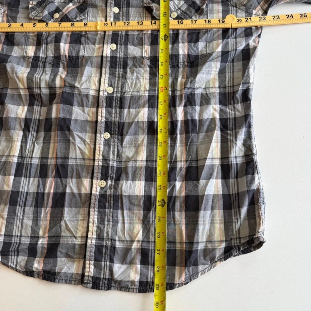 Christian Audigier Mens Plaid Button Down Shirt Black Grey Orange Long Sleeve‎ M